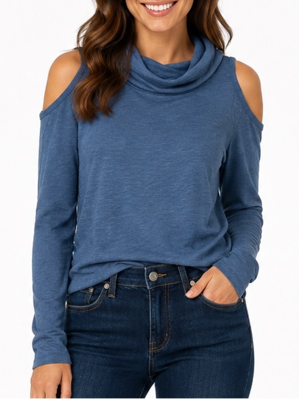 Buffalo David Bitton Denim-Blue Cowl Neck cold shoulder sweater